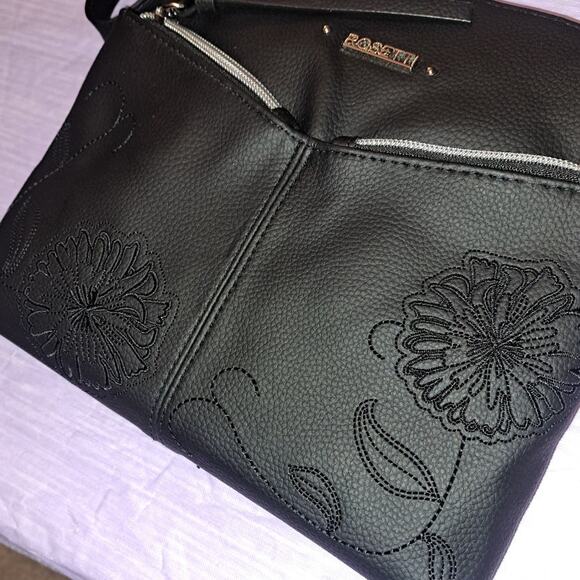 Rosetti Black Floral Stitched Crossbody Bag Double Zipper Adjustable Strap - Picture 7 of 13